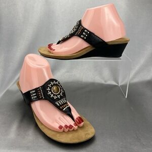 Minnetonka Beaded Wedge Heel Leather Thong Sandal Women's 9 Boho Casual Comfort